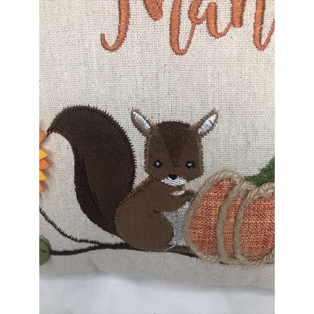 Farmhouse Autumn Give Thanks Squirrel Embroidered Throw Pillow 12” CUTE!! - Picture 2 of 8